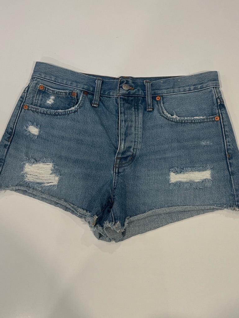 Madewell Relaxed Denim Shorts Medium Wash Distressed Raw Hem Button Fly Size 27